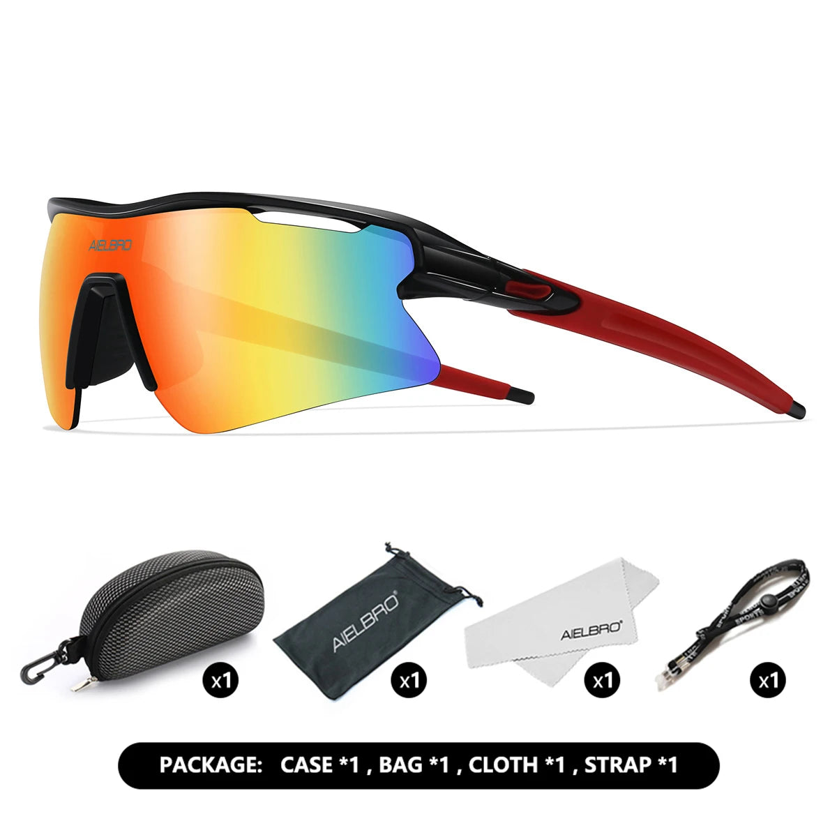 A pair of orange-tinted sports sunglasses with black frames and a red accent, shown against a white background.