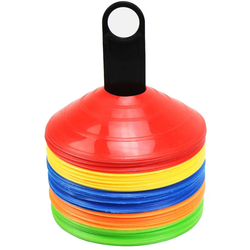 A stack of red, yellow, blue, and green soccer training discs with a black handle.