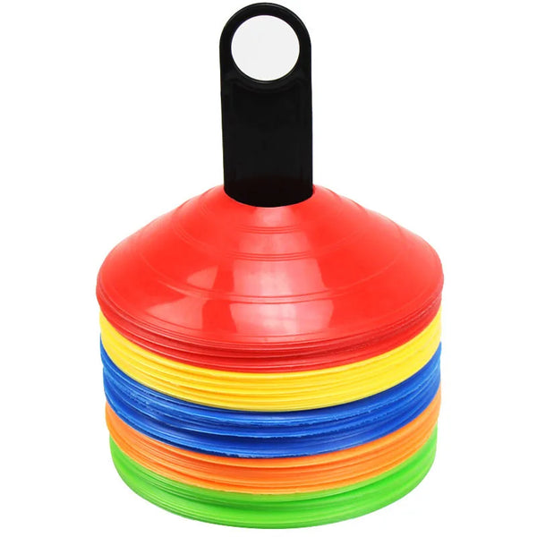 A stack of red, yellow, blue, and green soccer training discs with a black handle.