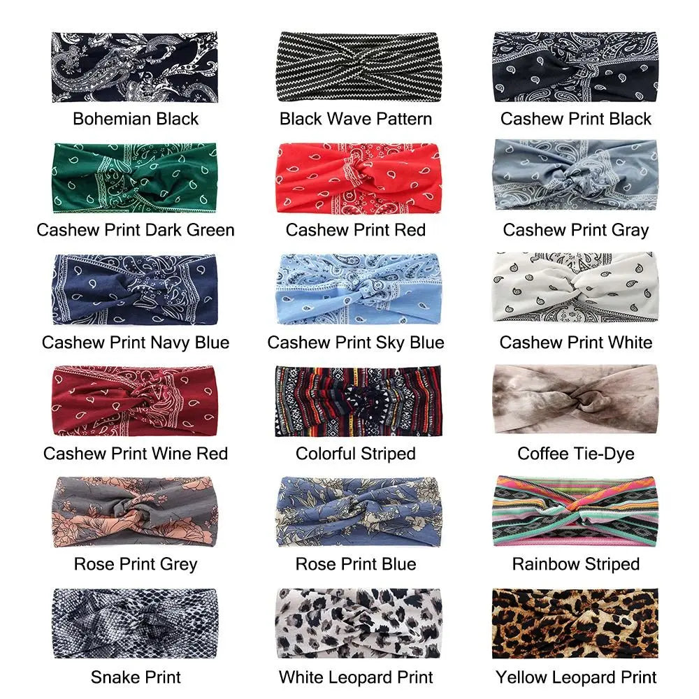 Colección de diademas de tela estampadas, incluyendo patrones en negro, verde, rojo, gris, azul y leopardo.