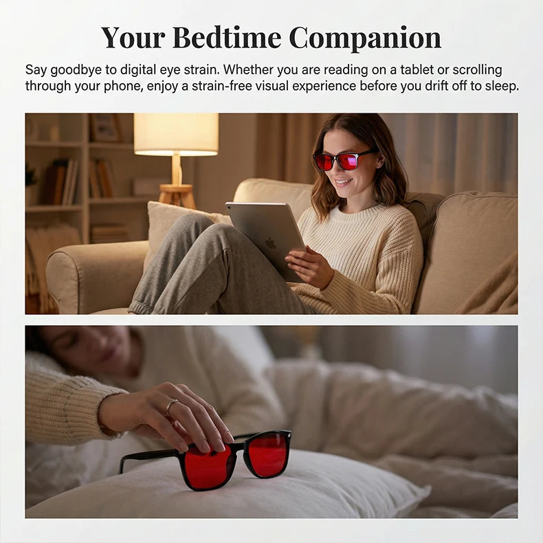 A woman wearing red anti-blue light glasses is relaxing in bed, preparing to sleep.