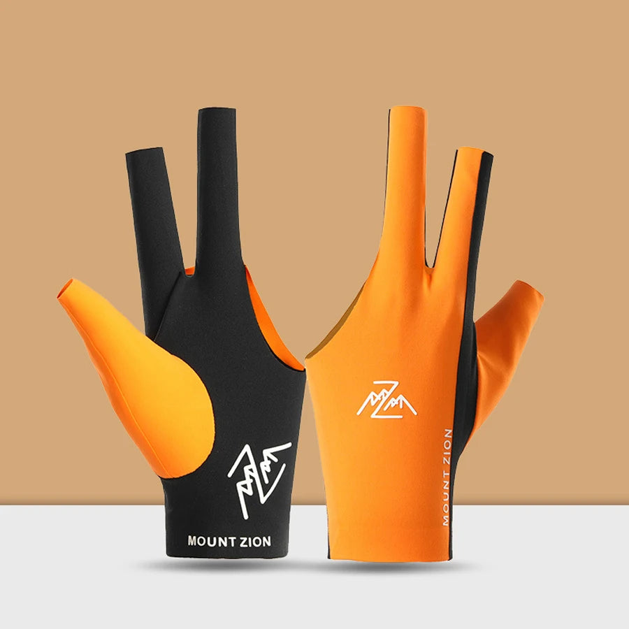 Orange and black professional 3-finger billiard cue gloves shown in a vertical display.