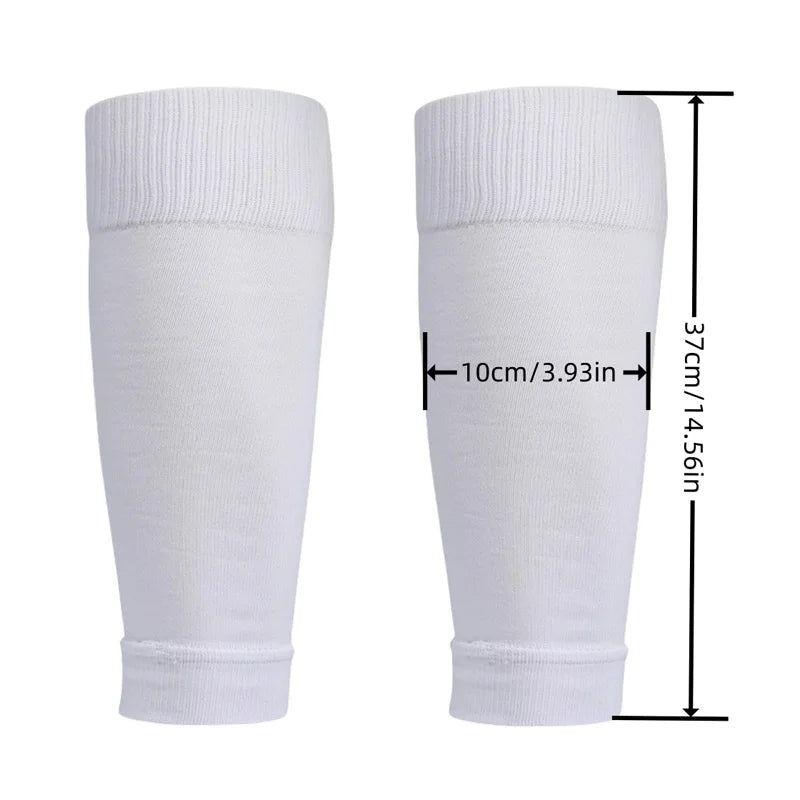 White men's grip soccer socks and knee pads set shown from the side with measurements.