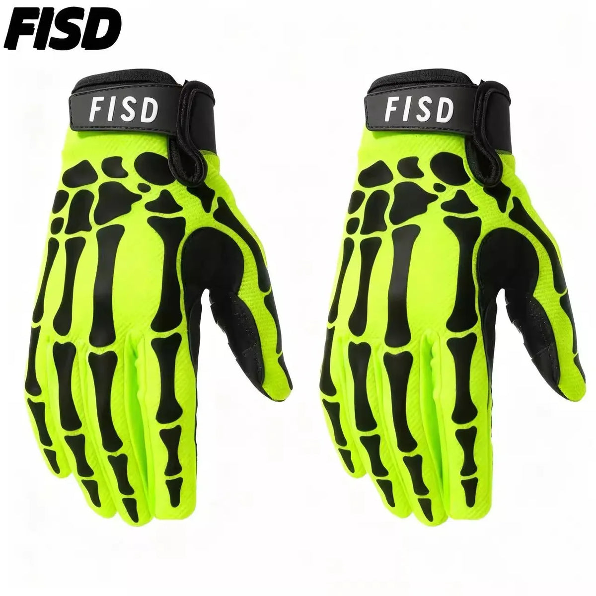 Pair of neon yellow and black full finger motocross motorcycle gloves