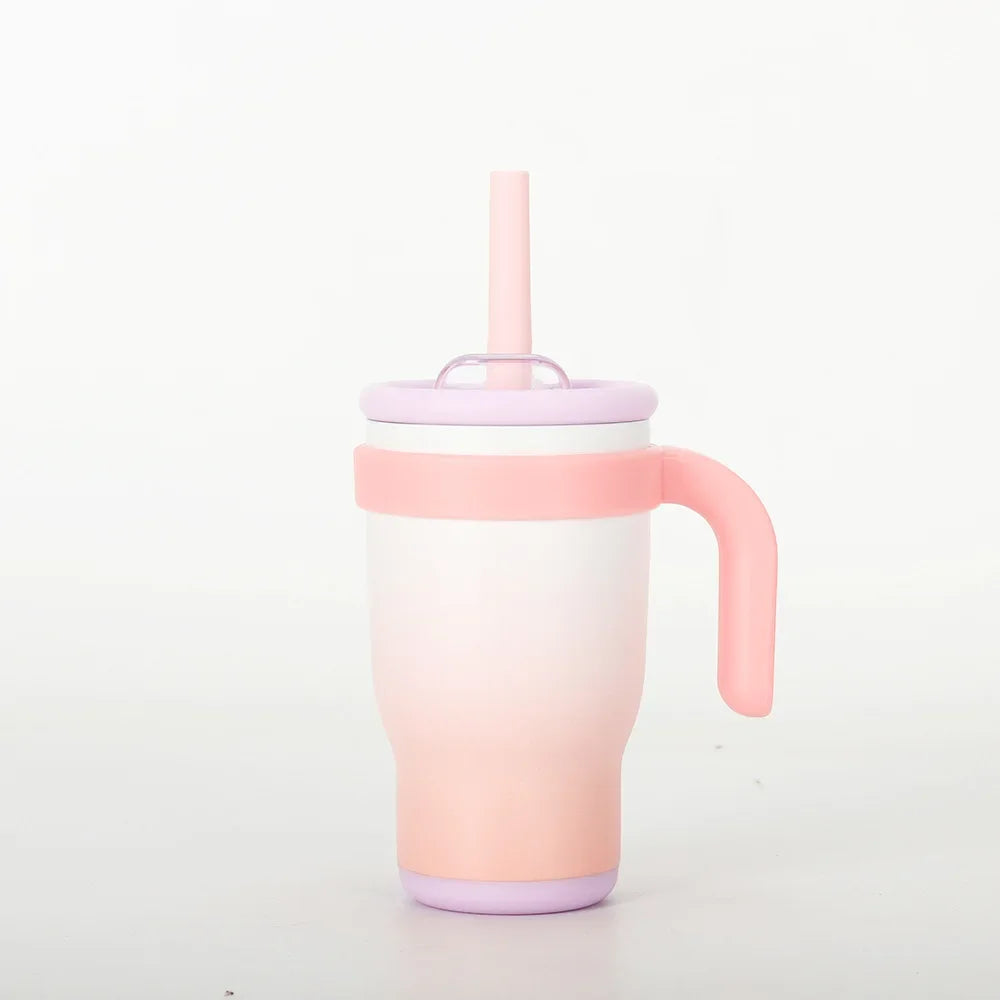 A pink stainless steel travel mug with a handle and a matching lid is shown against a white background.