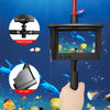 A handheld underwater fishing camera mounted on a rod, showing colorful fish and marine life.