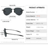 A pair of black TR90 frame sunglasses with TAC lenses shown in various dimensions and attributes.