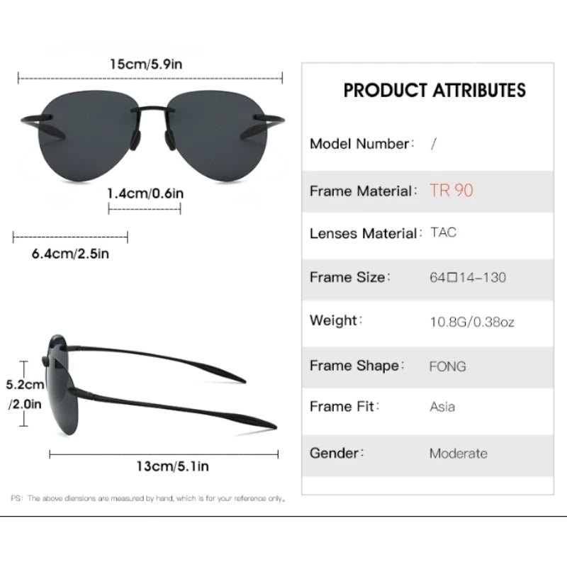 A pair of black TR90 frame sunglasses with TAC lenses shown in various dimensions and attributes.