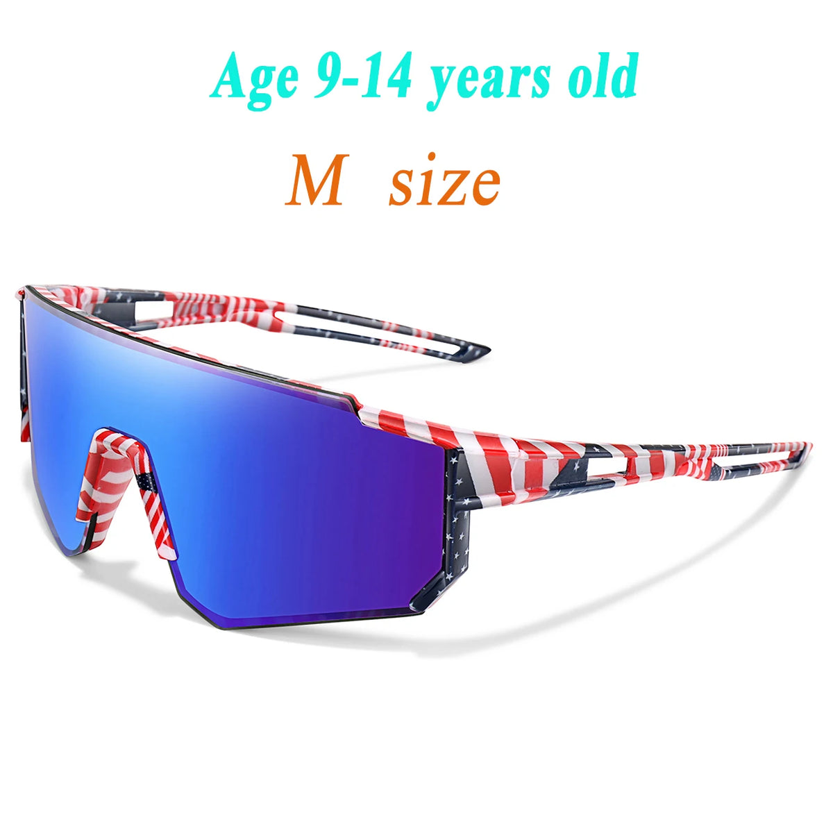 Blue polarized sports sunglasses with red and white striped arms for a child