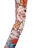 A long seamless tattoo sleeve featuring a detailed design of a skull and butterfly in earthy tones.