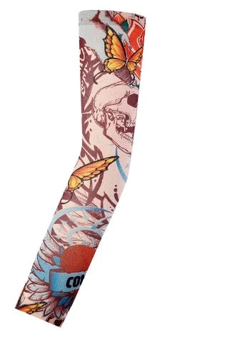 A long seamless tattoo sleeve featuring a detailed design of a skull and butterfly in earthy tones.