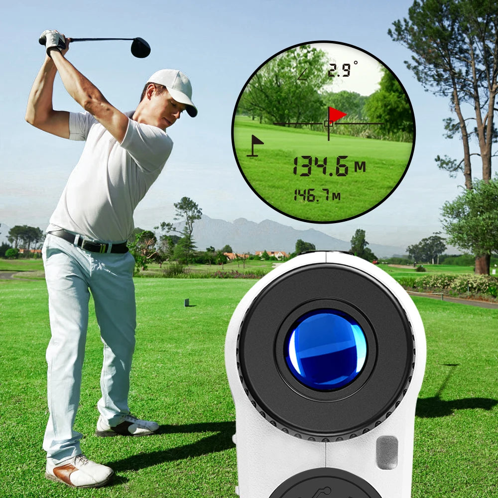 A man is using a professional laser rangefinder device to measure a golf shot on a green field.