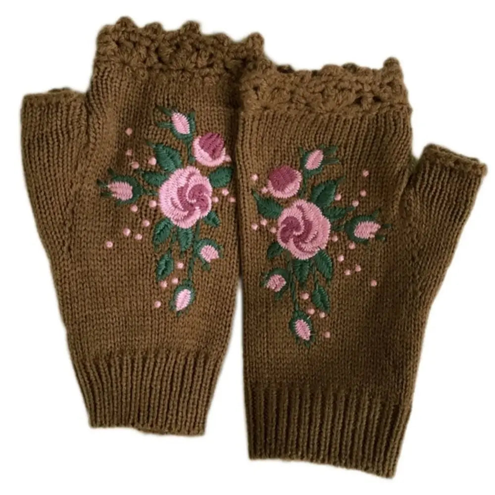 Embroidered Floral Bee Fingerless Gloves