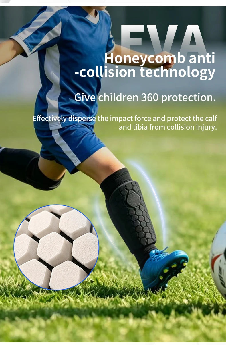 A child wearing blue soccer uniform and black shin guards is running on a green field, demonstrating the Honeycomb anti-colli