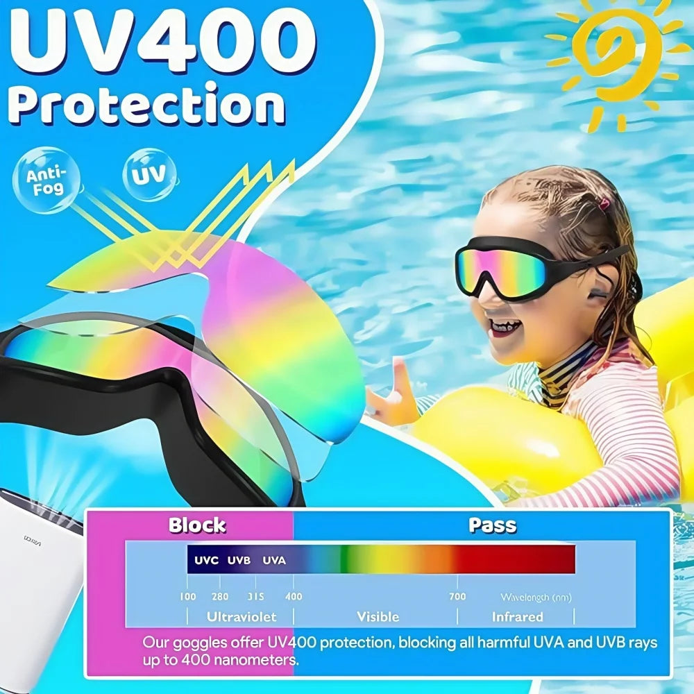 A girl wearing UV400 protection goggles is shown against a blue water background.