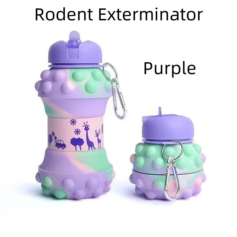 Purple leakproof silicone sports water bottle with a purple lid and decorative animal graphics