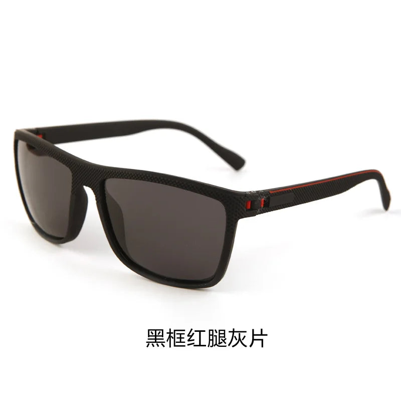 Black and red frame square sunglasses shown against a white background