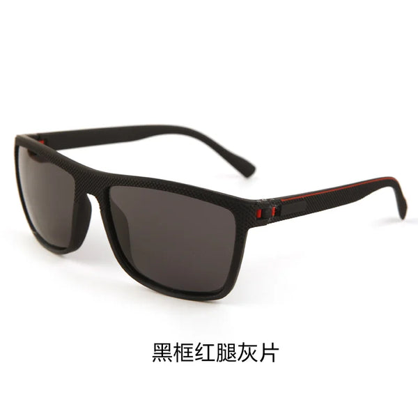 Black and red frame square sunglasses shown against a white background