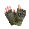 A pair of olive green universal protective training gloves shown on a hand.