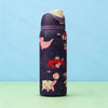 A purple insulated stainless steel sports water bottle with a light colored cap and pink and red animal designs.