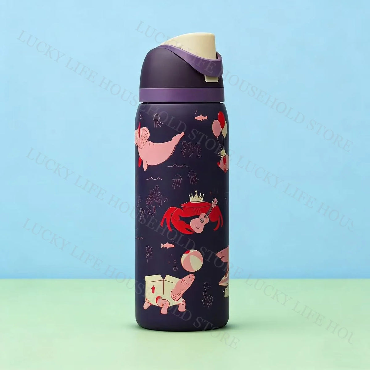 A purple insulated stainless steel sports water bottle with a light colored cap and pink and red animal designs.