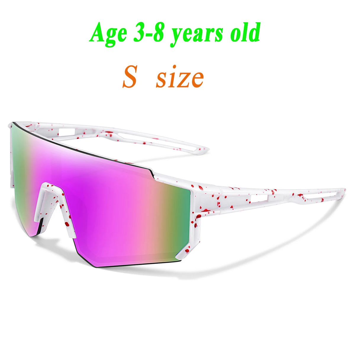 A pair of purple and pink UV protection baseball sunglasses for children, featuring a splatter pattern.