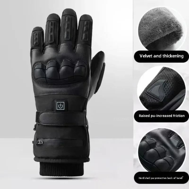 Black heated thermal gloves shown with details on velvet texture, thickening, raised friction, and hand shell protection