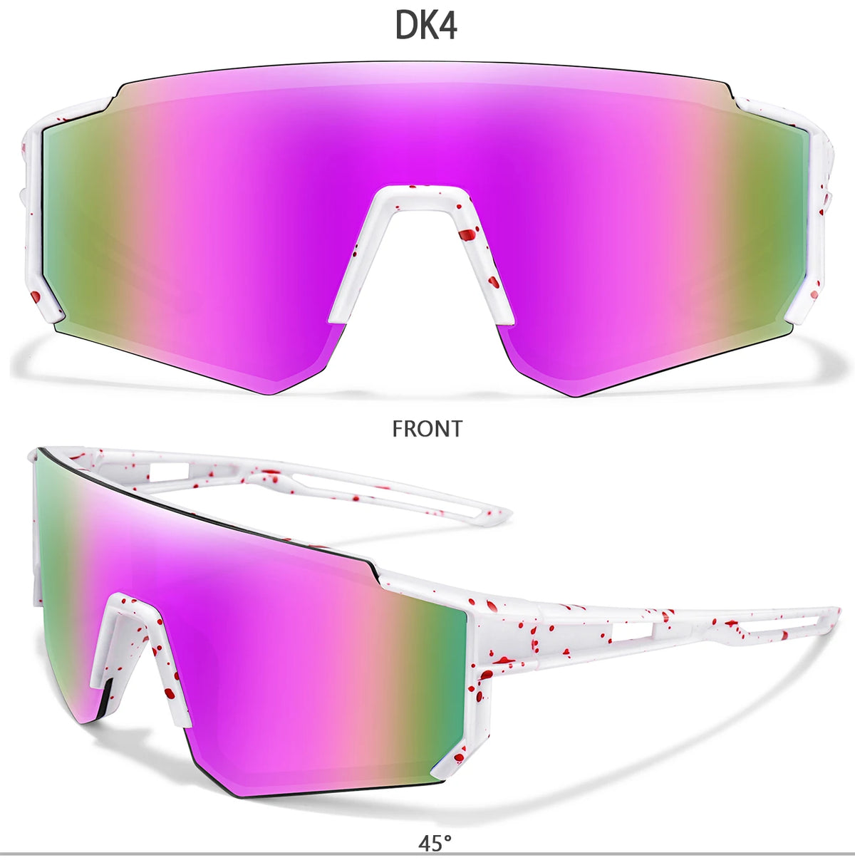 A pair of purple-tinted sunglasses with white frames and red speckles shown from the front at a 45-degree angle.