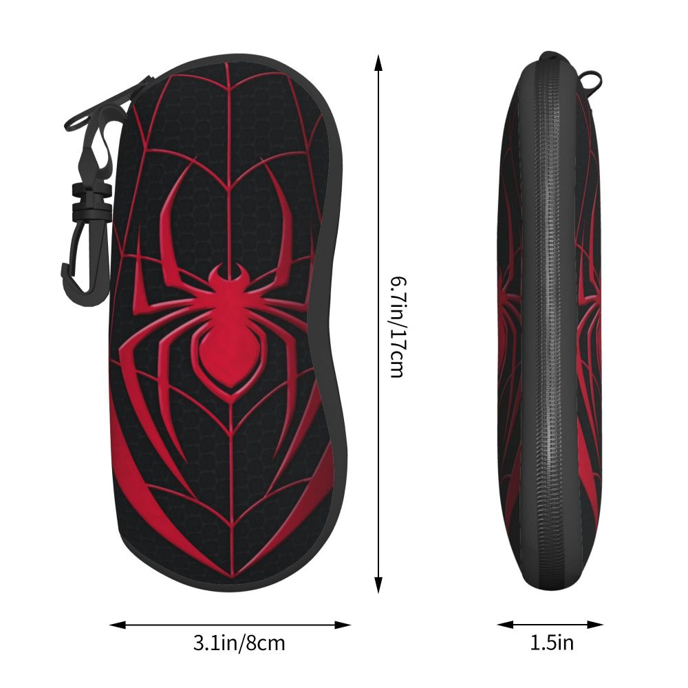 A black and red spider web patterned eyeglass pouch with a zipper closure.