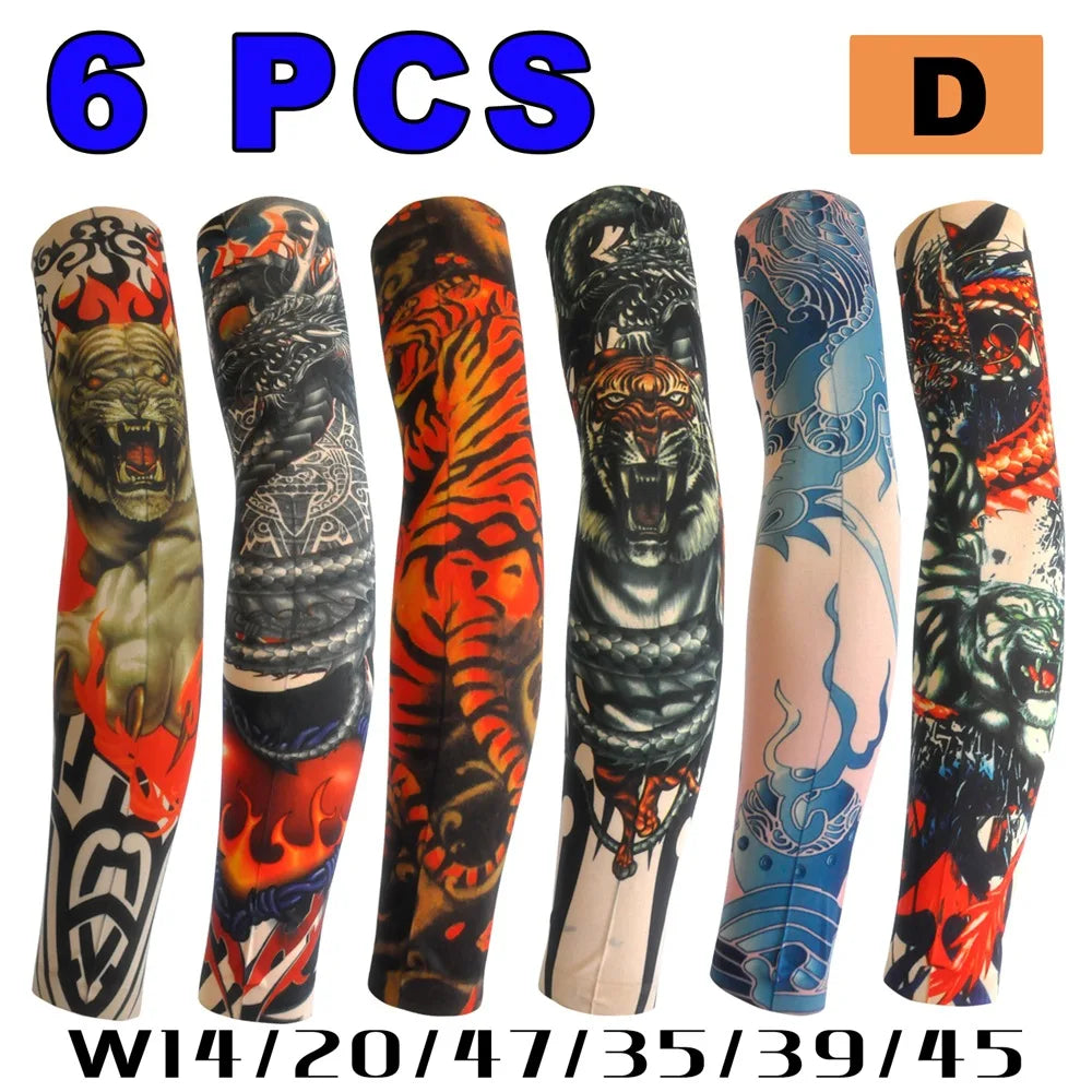 Six pairs of black and orange tiger print arm sleeves for UV protection