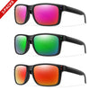 Three pairs of polarized sunglasses in red, green, and orange lenses with black frames.