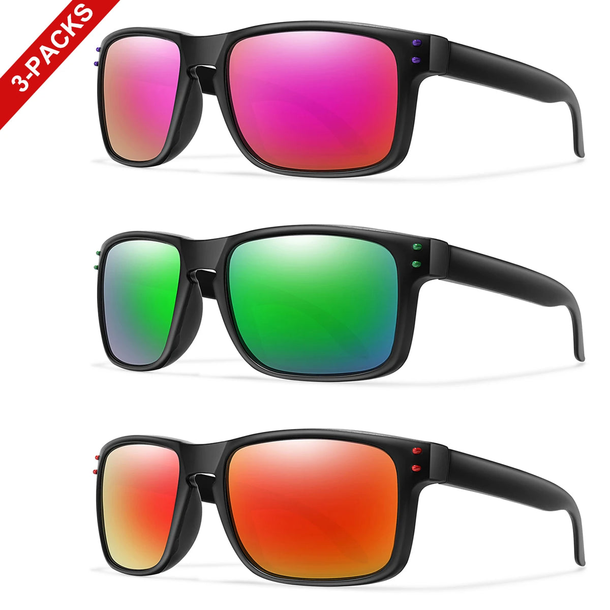 Three pairs of polarized sunglasses in red, green, and orange lenses with black frames.