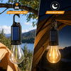 A solar rechargeable camping lantern is shown with light sensor mode features, illuminating a tent setting.