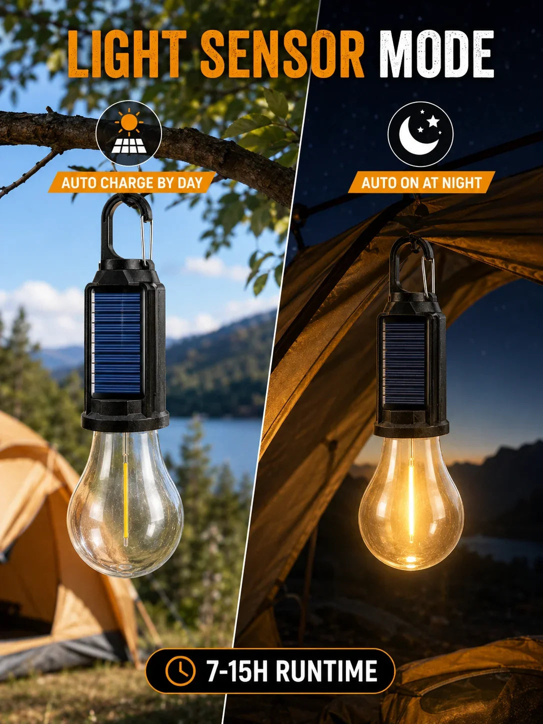 A solar rechargeable camping lantern is shown with light sensor mode features, illuminating a tent setting.