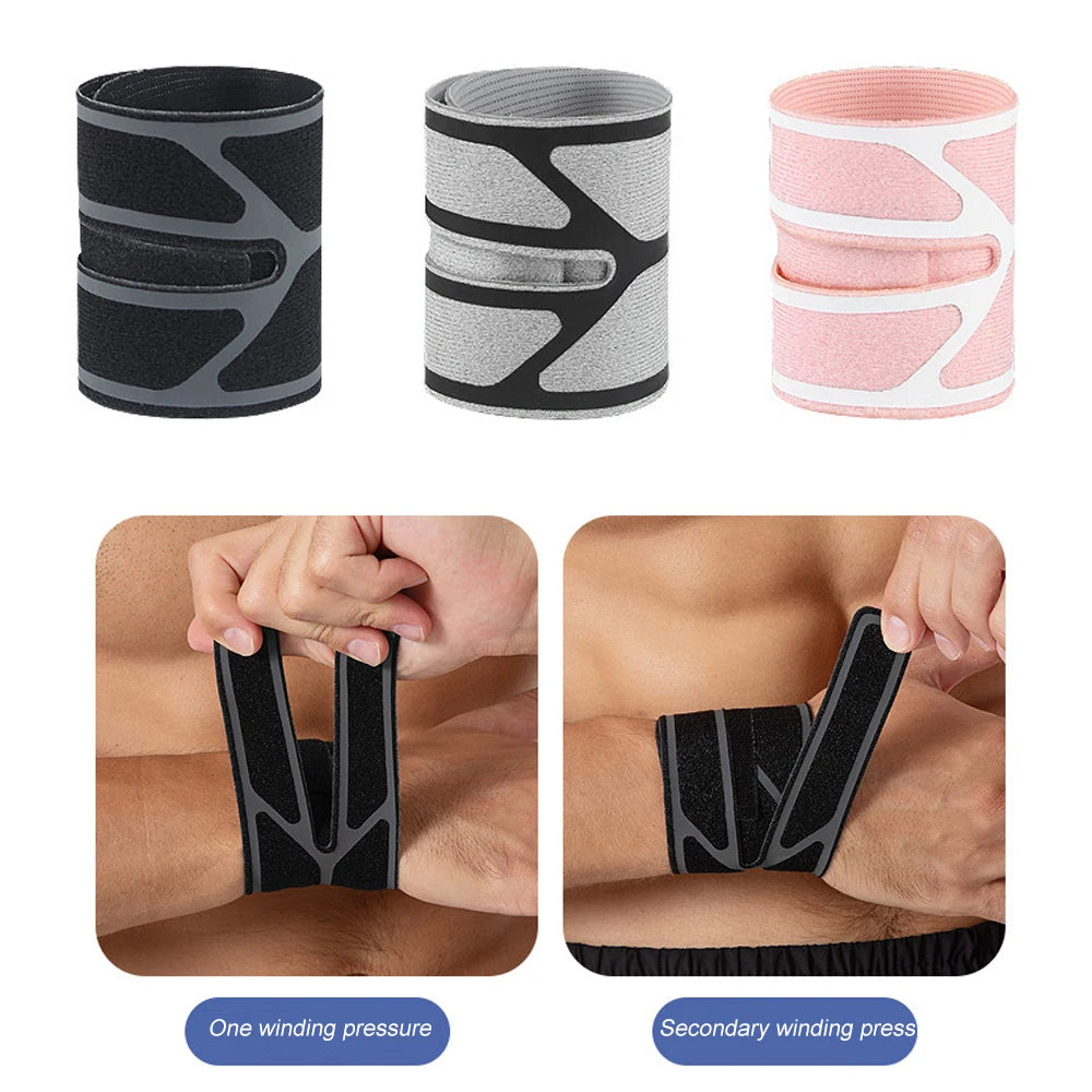 Three black wrist braces shown with application examples demonstrating one and secondary winding pressure.