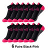 Six pairs of black and pink knit sports socks displayed in a row.