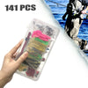 A hand holds a clear plastic container filled with 141 fishing lures for freshwater and saltwater use.