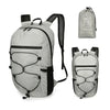A gray waterproof hiking backpack shown in three views, including a full view and a smaller version.