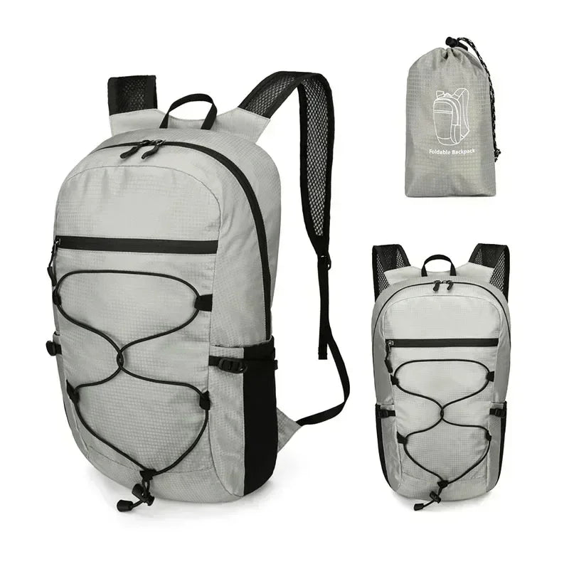 A gray waterproof hiking backpack shown in three views, including a full view and a smaller version.