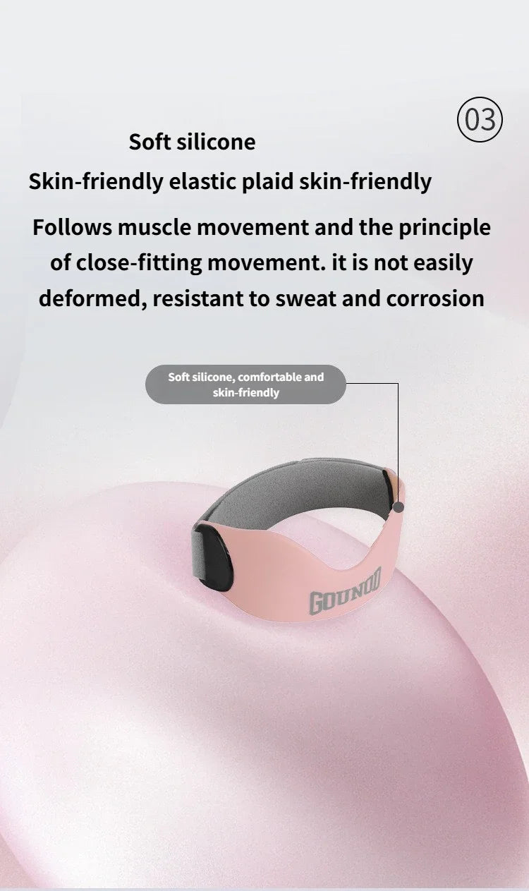 A pink silicone patellar strap is shown against a light background, highlighting its skin-friendly and close-fitting design.