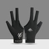 A pair of black professional 3-finger billiard cue gloves with a white logo on the palm.
