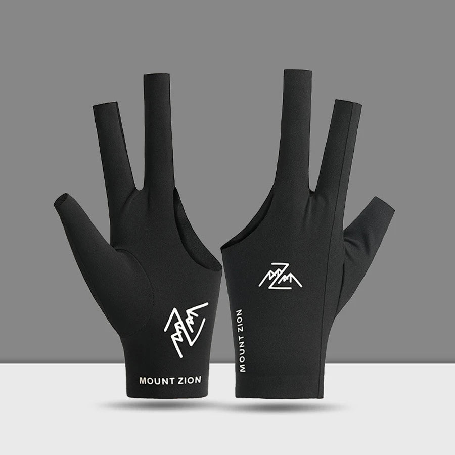 A pair of black professional 3-finger billiard cue gloves with a white logo on the palm.
