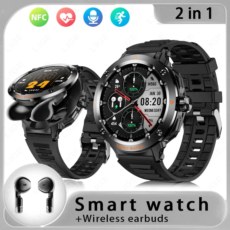 Eine schwarze Smartwatch neben kabellosen Ohrhörern, die 2-in-1-Gerät hervorheben.