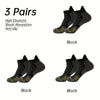 Three pairs of black performance ankle socks with high elasticity and anti-slip features.