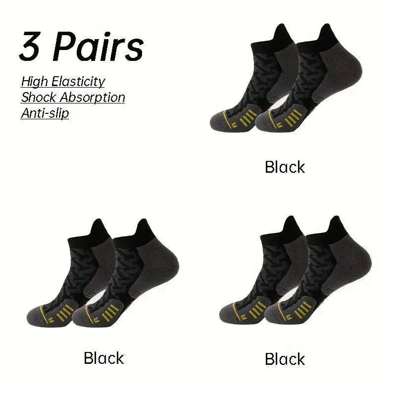 Three pairs of black performance ankle socks with high elasticity and anti-slip features.