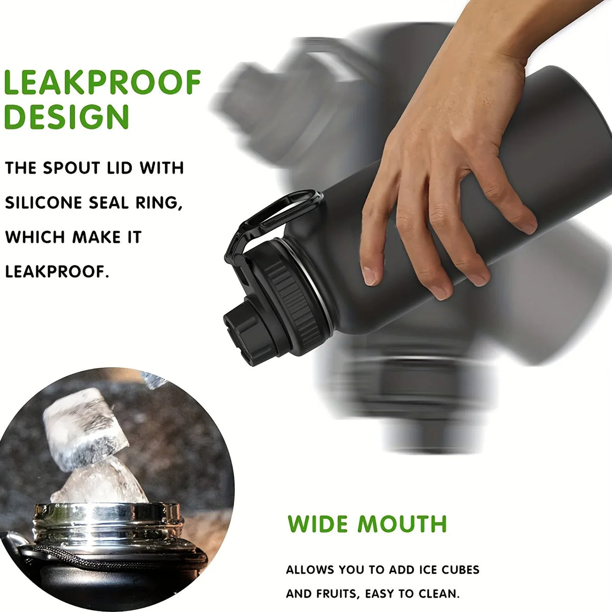 A hand holds a dark insulated water bottle with a leakproof spout lid and wide mouth for adding ice cubes and fruits.