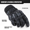 Black tactical PU leather touch screen gloves showing protection features like TPR and finger joint impact protection