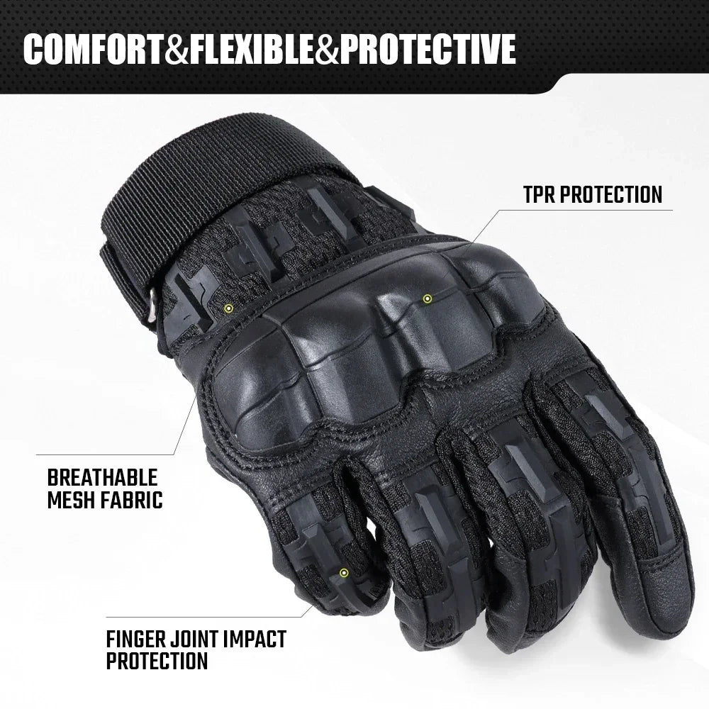 Black tactical PU leather touch screen gloves showing protection features like TPR and finger joint impact protection