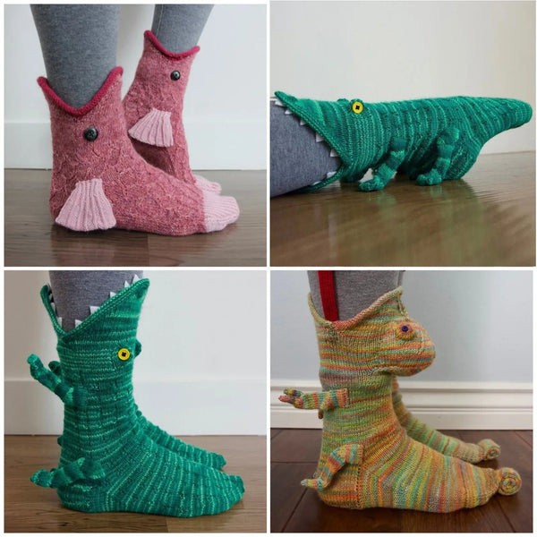 A set of funny animal crocodile knit socks in pink and green colors shown from different angles.