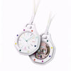 A white octagonal quartz pocket watch with a clear face and white strap is shown against a white background.